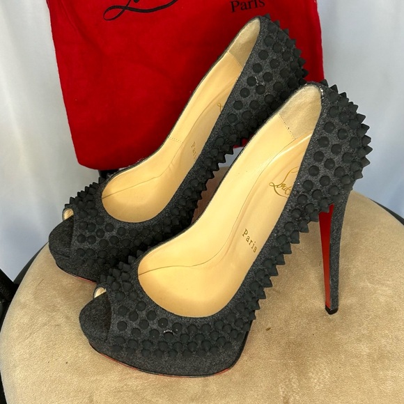 Christian Louboutin Black Spiked Peep-Toe Heels